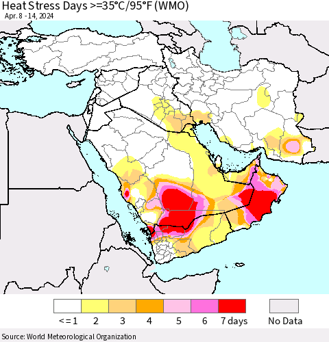 Middle East and Turkey Heat Stress Days >=35°C/95°F (WMO) Thematic Map For 4/8/2024 - 4/14/2024