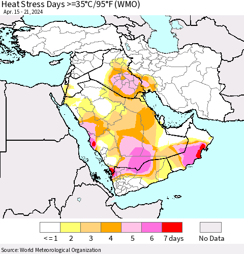 Middle East and Turkey Heat Stress Days >=35°C/95°F (WMO) Thematic Map For 4/15/2024 - 4/21/2024