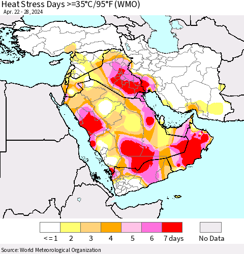 Middle East and Turkey Heat Stress Days >=35°C/95°F (WMO) Thematic Map For 4/22/2024 - 4/28/2024