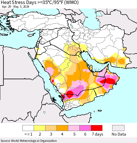 Middle East and Turkey Heat Stress Days >=35°C/95°F (WMO) Thematic Map For 4/29/2024 - 5/5/2024