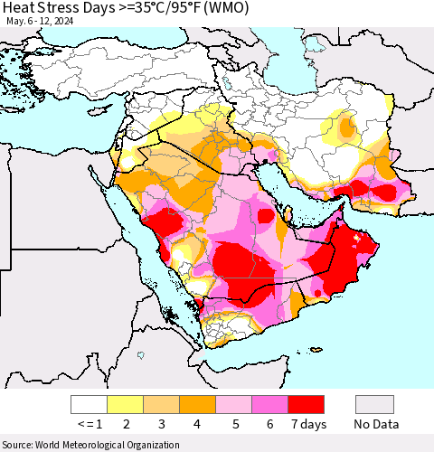 Middle East and Turkey Heat Stress Days >=35°C/95°F (WMO) Thematic Map For 5/6/2024 - 5/12/2024
