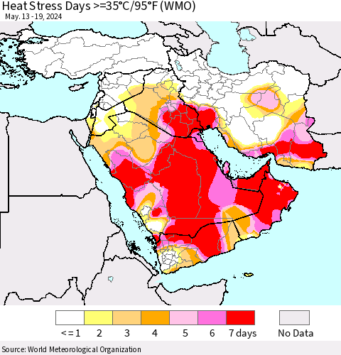 Middle East and Turkey Heat Stress Days >=35°C/95°F (WMO) Thematic Map For 5/13/2024 - 5/19/2024