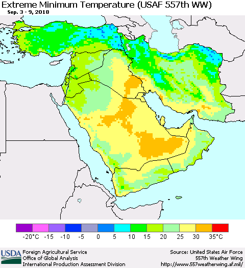 Middle East and Turkey Minimum Daily Temperature (USAF 557th WW) Thematic Map For 9/3/2018 - 9/9/2018