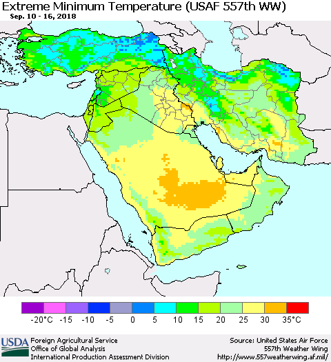 Middle East and Turkey Minimum Daily Temperature (USAF 557th WW) Thematic Map For 9/10/2018 - 9/16/2018