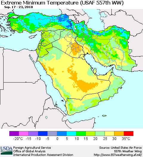 Middle East and Turkey Minimum Daily Temperature (USAF 557th WW) Thematic Map For 9/17/2018 - 9/23/2018