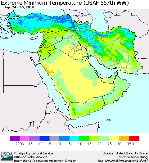 Middle East and Turkey Minimum Daily Temperature (USAF 557th WW) Thematic Map For 9/24/2018 - 9/30/2018