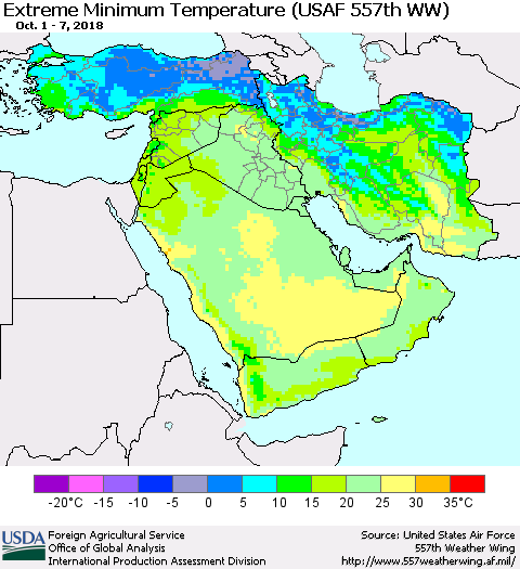 Middle East and Turkey Minimum Daily Temperature (USAF 557th WW) Thematic Map For 10/1/2018 - 10/7/2018