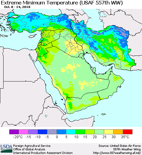 Middle East and Turkey Minimum Daily Temperature (USAF 557th WW) Thematic Map For 10/8/2018 - 10/14/2018
