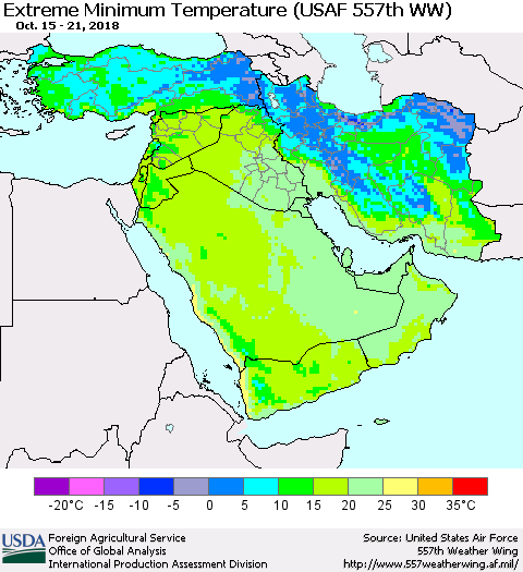 Middle East and Turkey Minimum Daily Temperature (USAF 557th WW) Thematic Map For 10/15/2018 - 10/21/2018