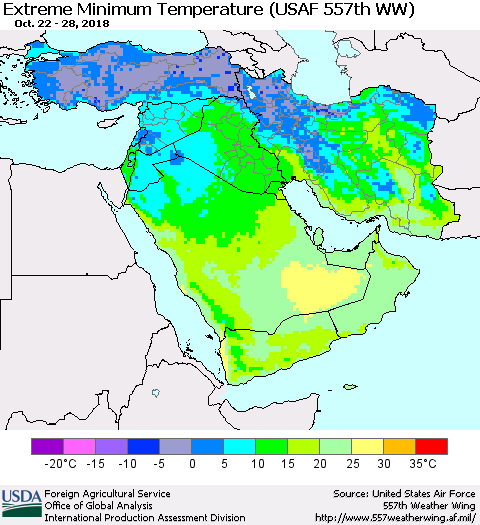 Middle East and Turkey Minimum Daily Temperature (USAF 557th WW) Thematic Map For 10/22/2018 - 10/28/2018
