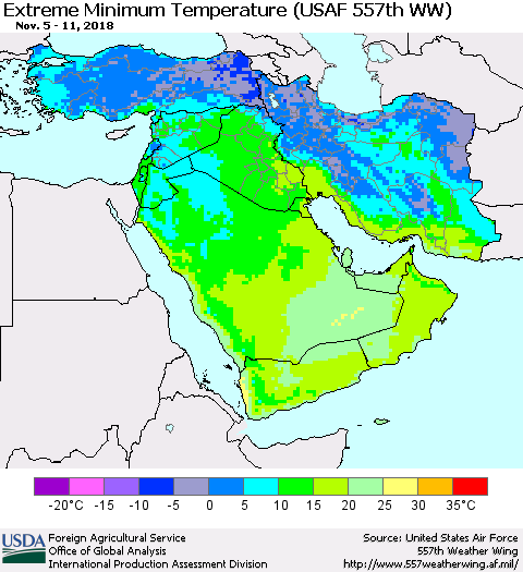 Middle East and Turkey Minimum Daily Temperature (USAF 557th WW) Thematic Map For 11/5/2018 - 11/11/2018