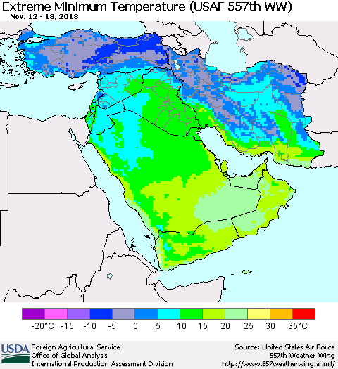 Middle East and Turkey Minimum Daily Temperature (USAF 557th WW) Thematic Map For 11/12/2018 - 11/18/2018