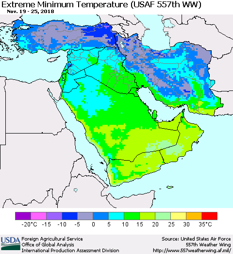Middle East and Turkey Minimum Daily Temperature (USAF 557th WW) Thematic Map For 11/19/2018 - 11/25/2018