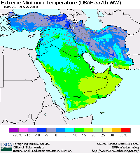 Middle East and Turkey Minimum Daily Temperature (USAF 557th WW) Thematic Map For 11/26/2018 - 12/2/2018