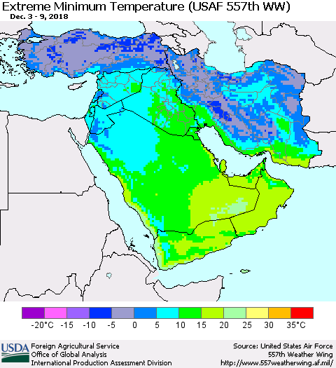 Middle East and Turkey Minimum Daily Temperature (USAF 557th WW) Thematic Map For 12/3/2018 - 12/9/2018