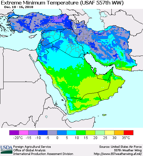 Middle East and Turkey Minimum Daily Temperature (USAF 557th WW) Thematic Map For 12/10/2018 - 12/16/2018