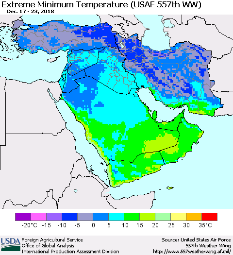 Middle East and Turkey Minimum Daily Temperature (USAF 557th WW) Thematic Map For 12/17/2018 - 12/23/2018