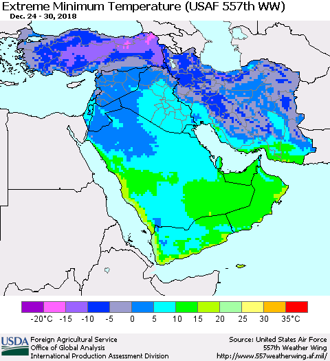 Middle East and Turkey Minimum Daily Temperature (USAF 557th WW) Thematic Map For 12/24/2018 - 12/30/2018