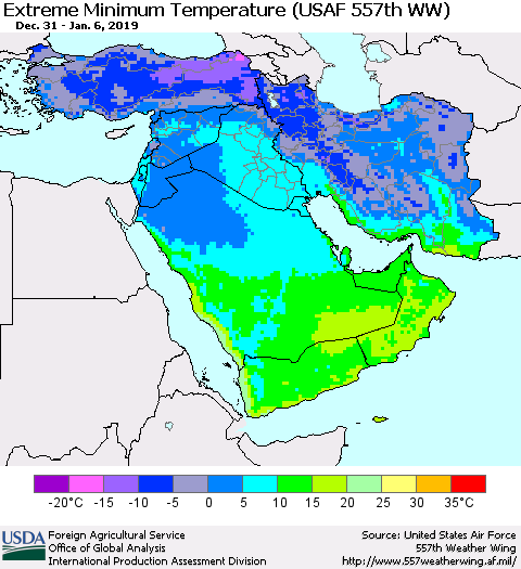 Middle East and Turkey Minimum Daily Temperature (USAF 557th WW) Thematic Map For 12/31/2018 - 1/6/2019