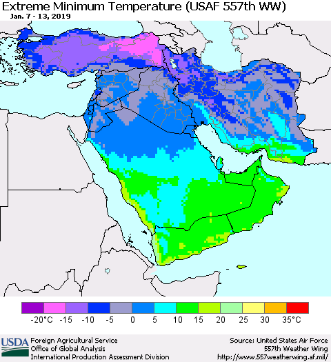 Middle East and Turkey Minimum Daily Temperature (USAF 557th WW) Thematic Map For 1/7/2019 - 1/13/2019