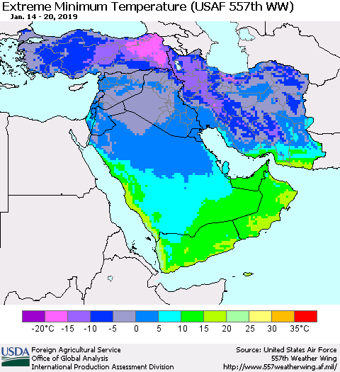 Middle East and Turkey Minimum Daily Temperature (USAF 557th WW) Thematic Map For 1/14/2019 - 1/20/2019