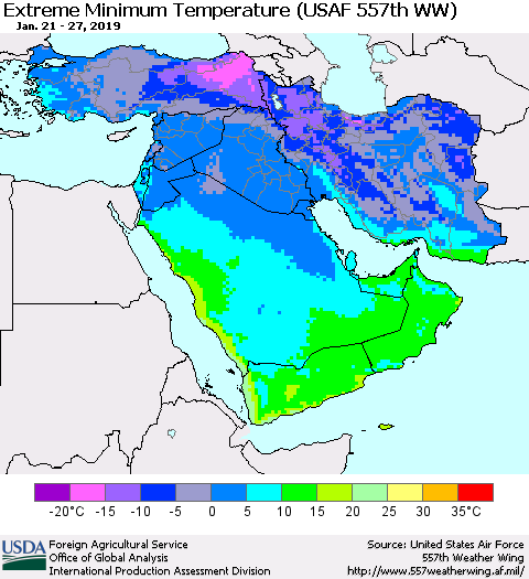 Middle East and Turkey Minimum Daily Temperature (USAF 557th WW) Thematic Map For 1/21/2019 - 1/27/2019