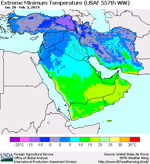Middle East and Turkey Minimum Daily Temperature (USAF 557th WW) Thematic Map For 1/28/2019 - 2/3/2019