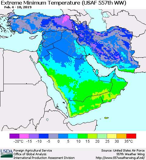 Middle East and Turkey Minimum Daily Temperature (USAF 557th WW) Thematic Map For 2/4/2019 - 2/10/2019