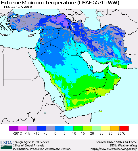 Middle East and Turkey Minimum Daily Temperature (USAF 557th WW) Thematic Map For 2/11/2019 - 2/17/2019