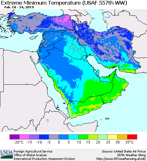 Middle East and Turkey Minimum Daily Temperature (USAF 557th WW) Thematic Map For 2/18/2019 - 2/24/2019