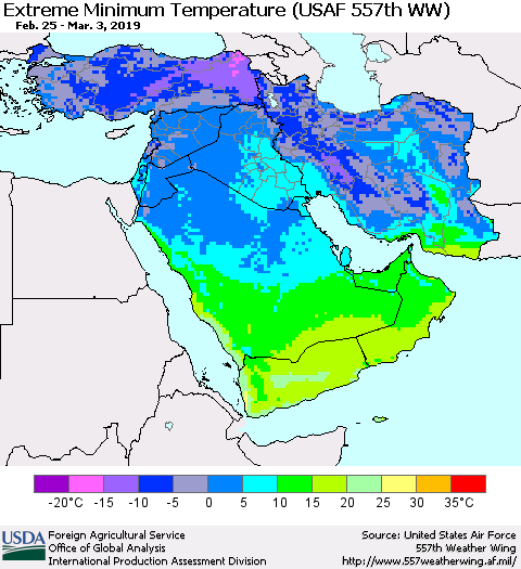 Middle East and Turkey Minimum Daily Temperature (USAF 557th WW) Thematic Map For 2/25/2019 - 3/3/2019