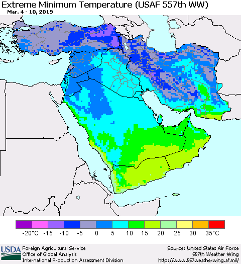 Middle East and Turkey Minimum Daily Temperature (USAF 557th WW) Thematic Map For 3/4/2019 - 3/10/2019