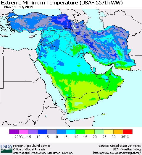 Middle East and Turkey Minimum Daily Temperature (USAF 557th WW) Thematic Map For 3/11/2019 - 3/17/2019