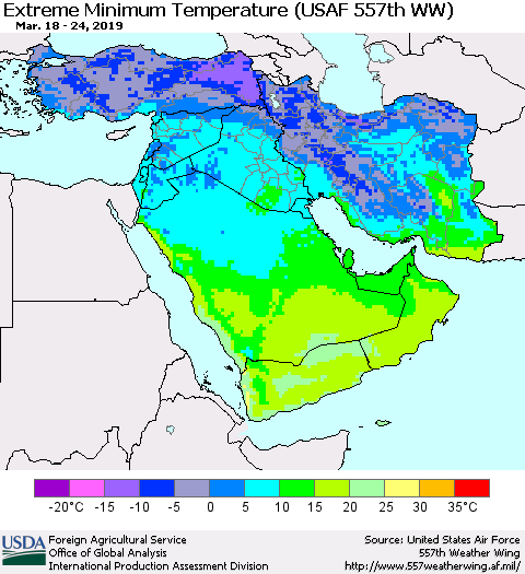Middle East and Turkey Minimum Daily Temperature (USAF 557th WW) Thematic Map For 3/18/2019 - 3/24/2019