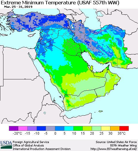 Middle East and Turkey Minimum Daily Temperature (USAF 557th WW) Thematic Map For 3/25/2019 - 3/31/2019