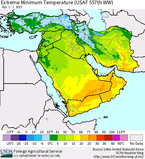 Middle East and Turkey Minimum Daily Temperature (USAF 557th WW) Thematic Map For 4/1/2019 - 4/7/2019