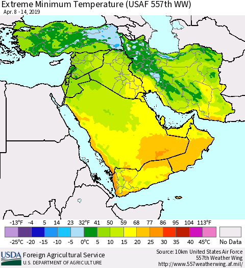 Middle East and Turkey Minimum Daily Temperature (USAF 557th WW) Thematic Map For 4/8/2019 - 4/14/2019