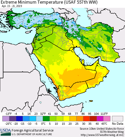 Middle East and Turkey Minimum Daily Temperature (USAF 557th WW) Thematic Map For 4/15/2019 - 4/21/2019