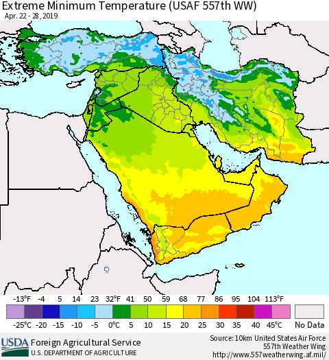 Middle East and Turkey Minimum Daily Temperature (USAF 557th WW) Thematic Map For 4/22/2019 - 4/28/2019