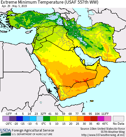 Middle East and Turkey Minimum Daily Temperature (USAF 557th WW) Thematic Map For 4/29/2019 - 5/5/2019