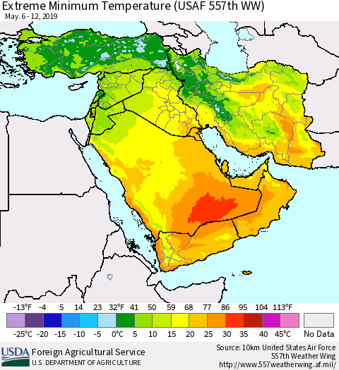 Middle East and Turkey Minimum Daily Temperature (USAF 557th WW) Thematic Map For 5/6/2019 - 5/12/2019