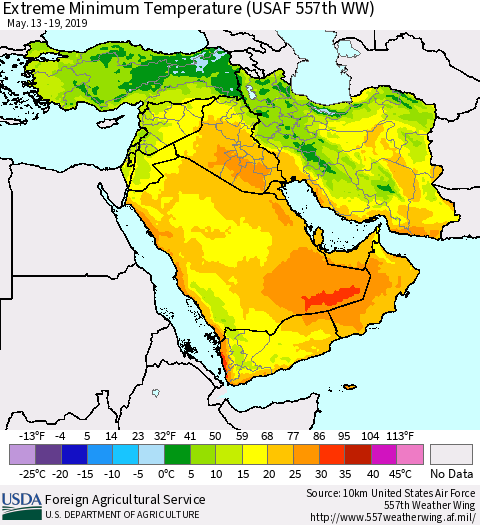 Middle East and Turkey Minimum Daily Temperature (USAF 557th WW) Thematic Map For 5/13/2019 - 5/19/2019