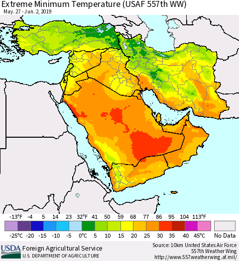 Middle East and Turkey Minimum Daily Temperature (USAF 557th WW) Thematic Map For 5/27/2019 - 6/2/2019