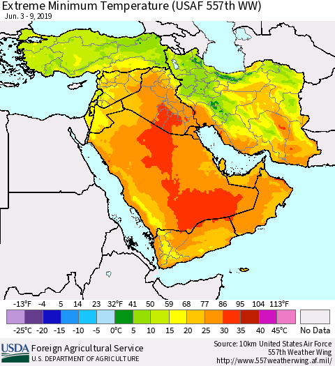 Middle East and Turkey Minimum Daily Temperature (USAF 557th WW) Thematic Map For 6/3/2019 - 6/9/2019