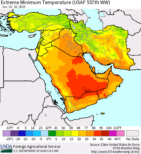 Middle East and Turkey Minimum Daily Temperature (USAF 557th WW) Thematic Map For 6/10/2019 - 6/16/2019