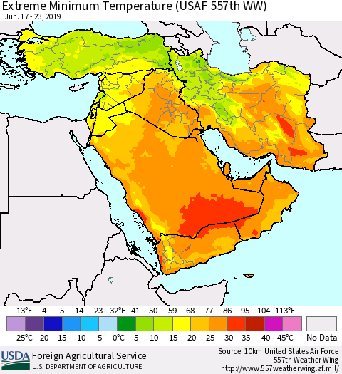 Middle East and Turkey Minimum Daily Temperature (USAF 557th WW) Thematic Map For 6/17/2019 - 6/23/2019