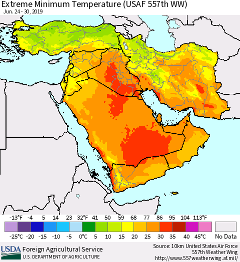 Middle East and Turkey Minimum Daily Temperature (USAF 557th WW) Thematic Map For 6/24/2019 - 6/30/2019