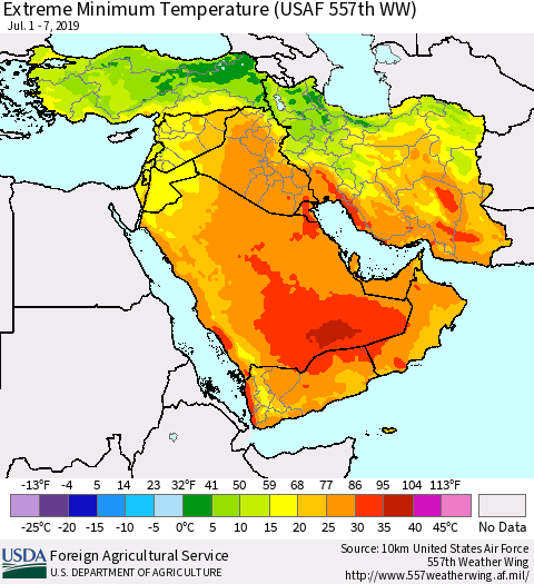 Middle East and Turkey Minimum Daily Temperature (USAF 557th WW) Thematic Map For 7/1/2019 - 7/7/2019
