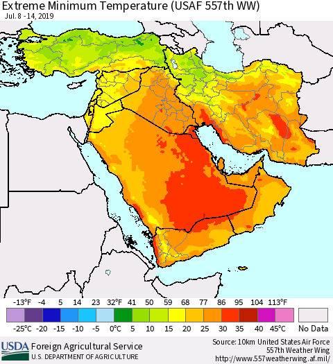 Middle East and Turkey Minimum Daily Temperature (USAF 557th WW) Thematic Map For 7/8/2019 - 7/14/2019