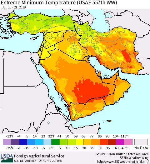 Middle East and Turkey Minimum Daily Temperature (USAF 557th WW) Thematic Map For 7/15/2019 - 7/21/2019